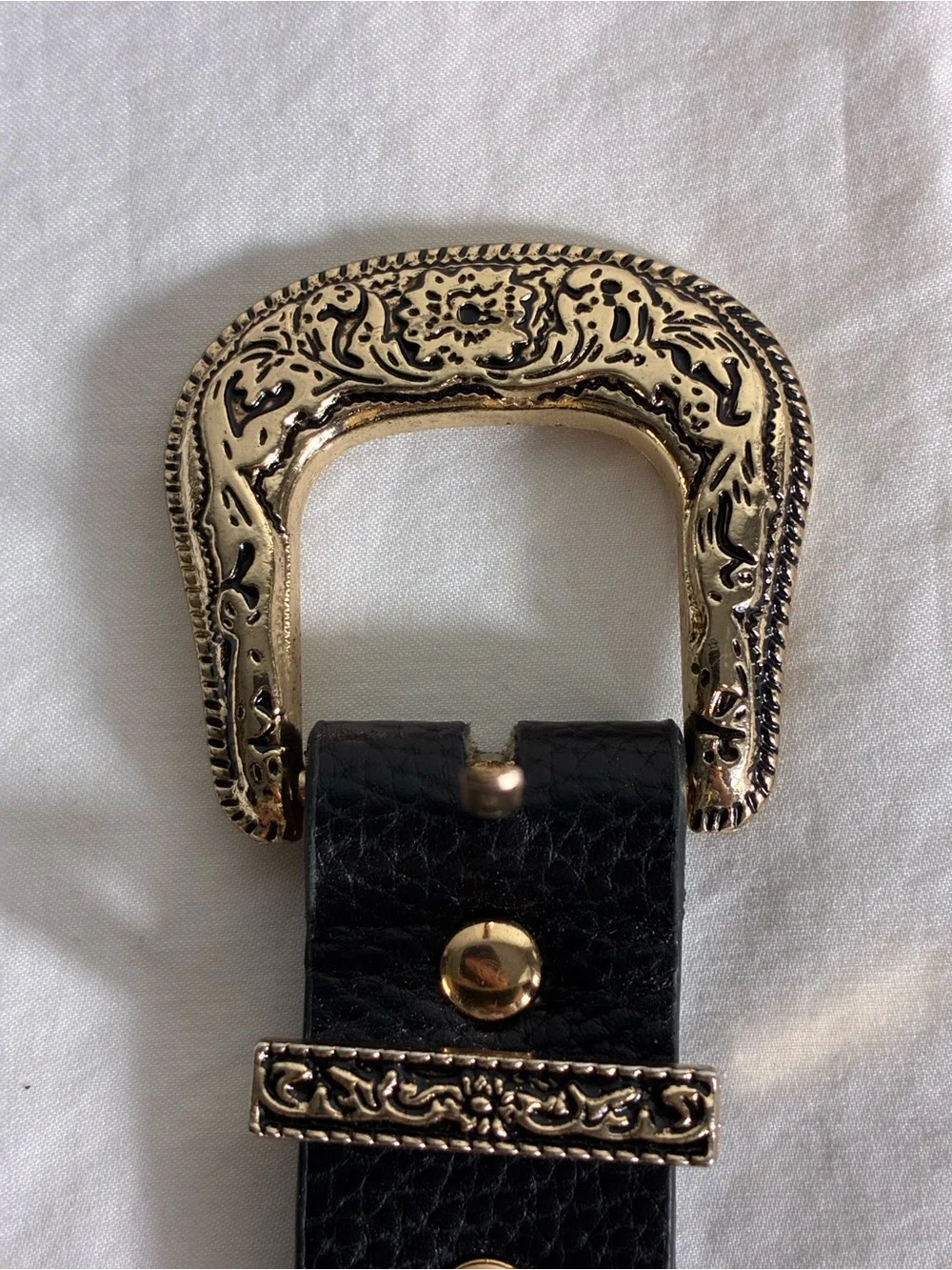 Womens belt 36” long Black faux Leather Western pale Gold-Tone Double Buckle